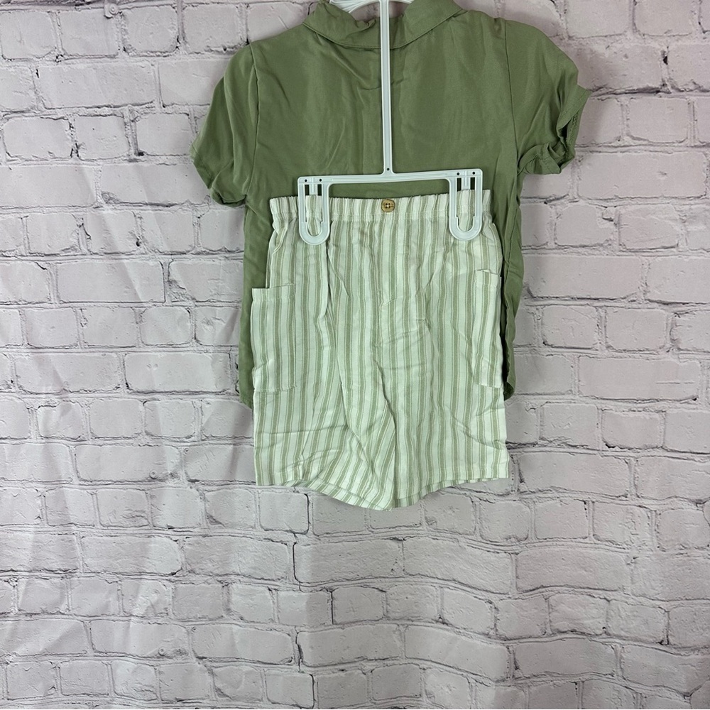 NWT rabbit + bear organic cotton linen blend short set boys sage green - Picture 9 of 14